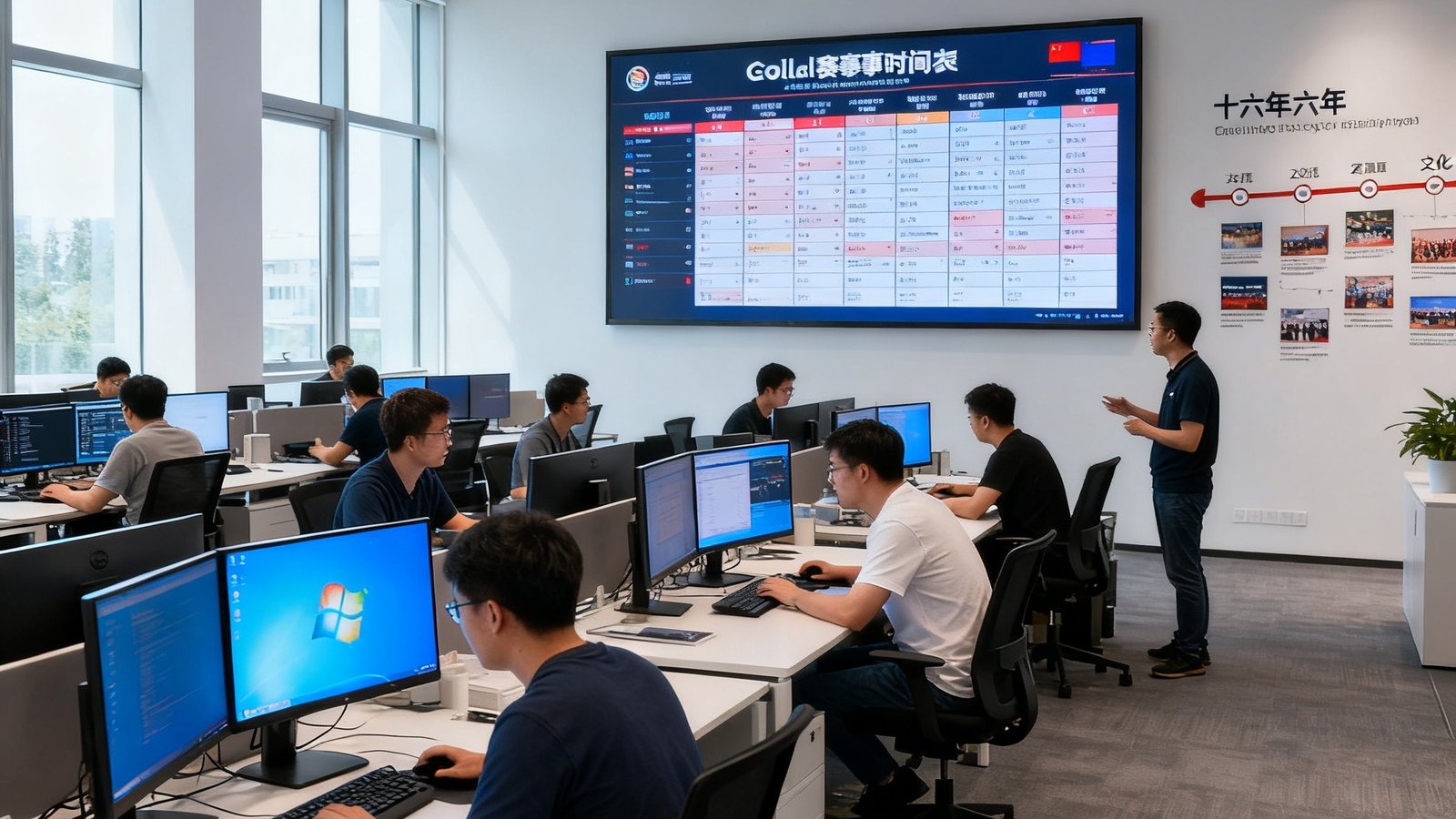 球盟会qmh北京总部开放式办公区实拍场景，宽敞明亮的现代化办公室内数十名技术工程师专注工作，墙面悬挂全球赛事时间表大屏幕，展示公司十六年发展历程的时间轴文化墙